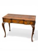 19TH CENTURY STYLE SIDE TABLE / DESK, burr walnut crossbanded shaped top over three frieze