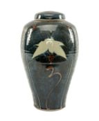 STUDIO POTTERY LIDDED VASE, possibly by David Frith, lustre glazed with stylised motifs, 37cms (h)