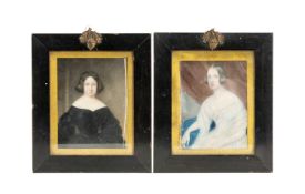 TWO 19TH CENTURY WATERCOLOUR ON IVORY PORTRAITS, half-length portraits of seated ladies, 9.5 x 7.
