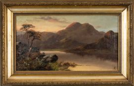 UNKNOWN 19TH CENTURY oil on canvas - mountainous lake with anglers to side, indistinctly monogrammed