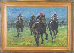 LEO CARROLL (British, 20th century) oil on board - entitled verso 'Horses and Riders', signed