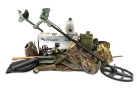 VOYAGER MINE LAB METAL DETECTOR, with charger, and number of mixed accessories including modern camo