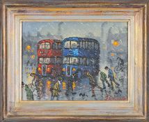 ‡ JAMES DOWNIE (British, b. 1949) oil on canvas - street scene with buses and figures, signed
