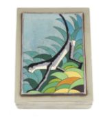 ART DECO EPNS & ENAMEL BOX, lid having enamelled panel featuring a gibbon amongst stylised