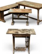 THREE COPPER-TOPPED PUB TABLES, largest 63 (h) x 107 (w) x 50cms (d); together with a vintage Singer