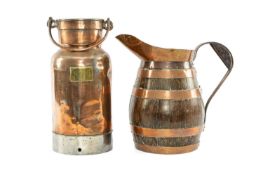 OAK COOPERED ALE JUG, 32cms (h); and a copper and steel dairy can, 36cms (h) (2) Provenance: private