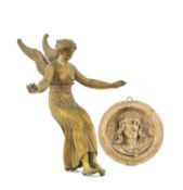 FRENCH GILT BRONZE FIGURE OF AN ANGEL, late 19th century, 23cms (h); and a small plaster roundel
