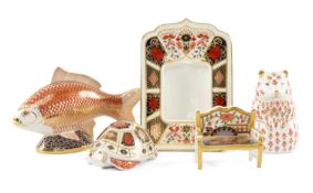 ROYAL CROWN DERBY GOLDEN KOI CARP PAPERWEIGHT, silver stopper, 18cms; tortoise paperweight, silver