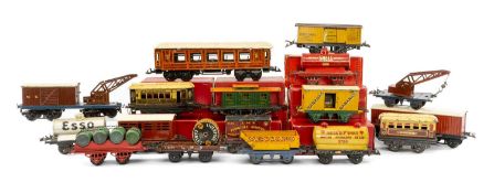 HORNBY O GAUGE ROLLING STOCK, mostly boxed, including Esso tanker, Fyffes wagon, Lumber Wagon No. 2,
