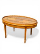 ARTHUR BRETT SHERATON STYLE INLAID SATINWOOD OCCASIONAL TABLE, inset plate glass top, the oval top