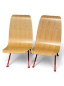 JEAN PROUVÉ ANTONY STYLE SINGLE CHAIRS, with natural plywood seat and red enamelled steel frame (2),