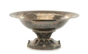 GEORG JENSEN SILVER FOOTED BOWL (42D), hammered oval form, on a beaded decagon base, 13cms (w), 3.