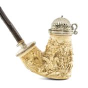 LARGE EARLY 19TH CENTURY AUSTRO-HUNGARIAN CARVED MEERSCHAUM PIPE with silver hinged and pierced