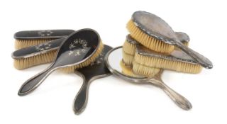 GEORGE V SILVER FOUR-PIECE VANITY SET, Birmingham 1923; and a further silver and piqué tortoiseshell