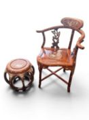 CHINESE ROSEWOOD CORNER CHAIR with ornate mother of pearl inlay, solid seat, 82cms (h); and a