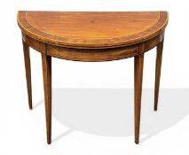 SATINWOOD & MAHOGANY STRUNG CARD TABLE, demilune fold-over top with baize-lined interior, tapered
