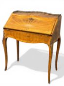 FRENCH MARQUETRY BUREAU DE DAME, late 19th century, bombe shaped fall front and sides, pierced