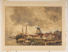 LOUIS VAN STAATEN (aka Norris Fowler Willatt, 1859-1924) watercolour - Dutch canal with boats and