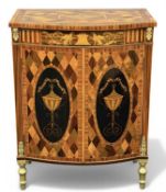 ATTRACTIVE SPECIMEN WOOD & INLAID BOW-FRONT SIDE CABINET, having two doors opening to a single