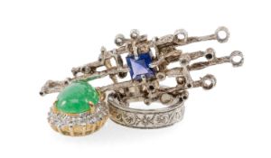 ASSORTED JEWELLERY, including Brutalist white metal pendant set with blue stone, 50mms (l); white