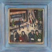 ‡ JAMES DOWNIE (British, b. 1949) oil on canvas - fish and chips, signed lower left, 28 x 28cms