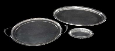 W.M.F. OVAL TWO-HANDLED TRAY, with Celtic patterned border, 45.5 x 29.5cms; oval tray with wreath