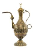 NORTH AFRICAN / ISLAMIC COPPER WINE EWER, fluting to body and foot and with Hilal finial, 44cms (