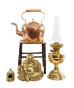 VICTORIAN & LATER COPPER & BRASSWARE, including copper kettle, 30cms; brass and wrought iron trivet,