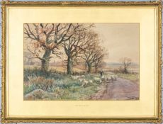 HENRY CHARLES FOX (1855-1929) watercolour - herding sheep on a country lane, signed and dated