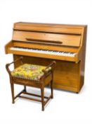 SMALL ZENDER IRON-FRAMED UPRIGHT PIANO in teak case, 100 (h) x 114 (w) x 50cms (d); with an inlaid