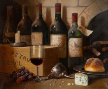 ‡ RAYMOND CAMPBELL (British, b.1956) oil on canvas - still-life of claret bottles, funnel, bread &