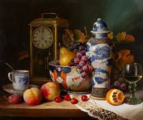 ‡ RAYMOND CAMPBELL (British, b.1956) oil on board - still life of clock, porcelain & fruit,
