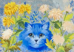 LOUIS WAIN (English, 1860-1939) bodycolour - entitled verso 'Blue Cat among the Flowers' on Chris