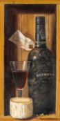‡ RAYMOND CAMPBELL (British, b.1956) oil on board - still-life of Port bottle, goblet and goats'
