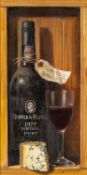 ‡ RAYMOND CAMPBELL (British, b.1956) oil on board - still-life of Port bottle, goblet and blue