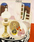 ‡ MARY FEDDEN RA (English, 1915-2012) oil on canvas - entitled verso 'Lamp', still life interior