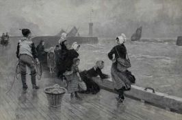 HECTOR CAFFIERI (British, 1847-1932) watercolour en grisaille - Breton fish girls waiting at a