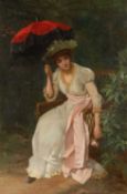WILLIAM OLIVER (British, 1823-1901) oil on canvas - The Red Parasol, signed, 79 x 45.5cms