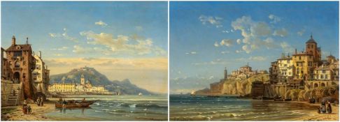 CHARLES EUPHRASIE KUWASSEG (French, 1838-1904) two oils on canvas - Continental coast scene with
