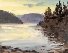 ‡ MATTHEW WOOD (Welsh, b.1973) oil on board - entitled verso, 'Lake Vyrnwy - Dusk Study' on Ffin-y-