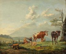 AFTER KAREL DUJARDIN (Dutch, 1626-1728), oil on panel - Landscape with Cattle and Figures, 28.5 x