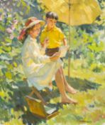 MUMENKO NAHAL (late 20th century) oil on canvas - Sketching in a Summer Garden, signed, 60 x