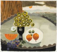 ‡ MARY FEDDEN RA (English, 1915-2012) watercolour - 'Auriculas', still life of fruit and vase of