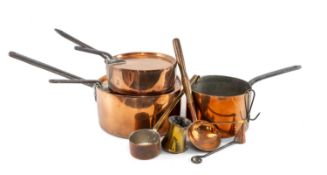 WROUGHT IRON AND COPPER SAUCEPANS, three pans with lids (one marked 'W S Adam's & Son, Iron Monger