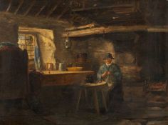 * HARRISON oil on canvas - primitive cottage interior with Welsh lady at knitting, beside