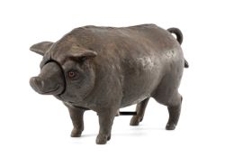 VINTAGE CAST IRON CLOCKWORK BUTCHER'S COUNTERTOP ALARM BELL, in the form of a standing pig with