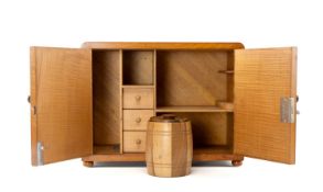 ART DECO STYLE TEAK & WALNUT SMOKER'S CABINET, two doors containing four compartments with three