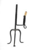 RUSH LIGHT HOLDER in wrought iron, tripod base, pivoting counter balanced arm, split candle