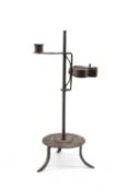 EARLY BETTY LAMP, probably 18th century, wrought iron and brass plate, sat on an adjustable tripod