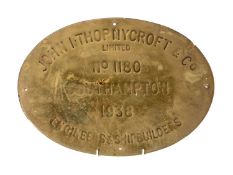 ANTIQUE SHIPBUILDER'S BRASS PLAQUE, oval form, machine engraved 'John I. Thornycroft & Co. Ltd.